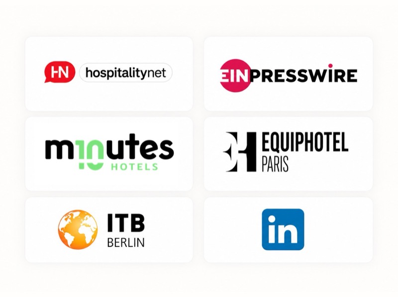 Hospitality channels Pragmatik publishes through and partners with: 10 Minutes Hotels, ITB Berlin, Equiphotel Paris, LinkedIn, Hospitality Net, EIN Presswire.
